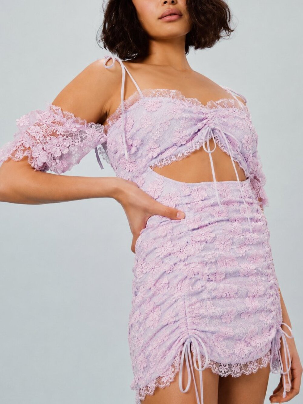 For Love & Lemons Amalie Floral 3D Lace Cutout Ruched Mini Dress Lilac Size S